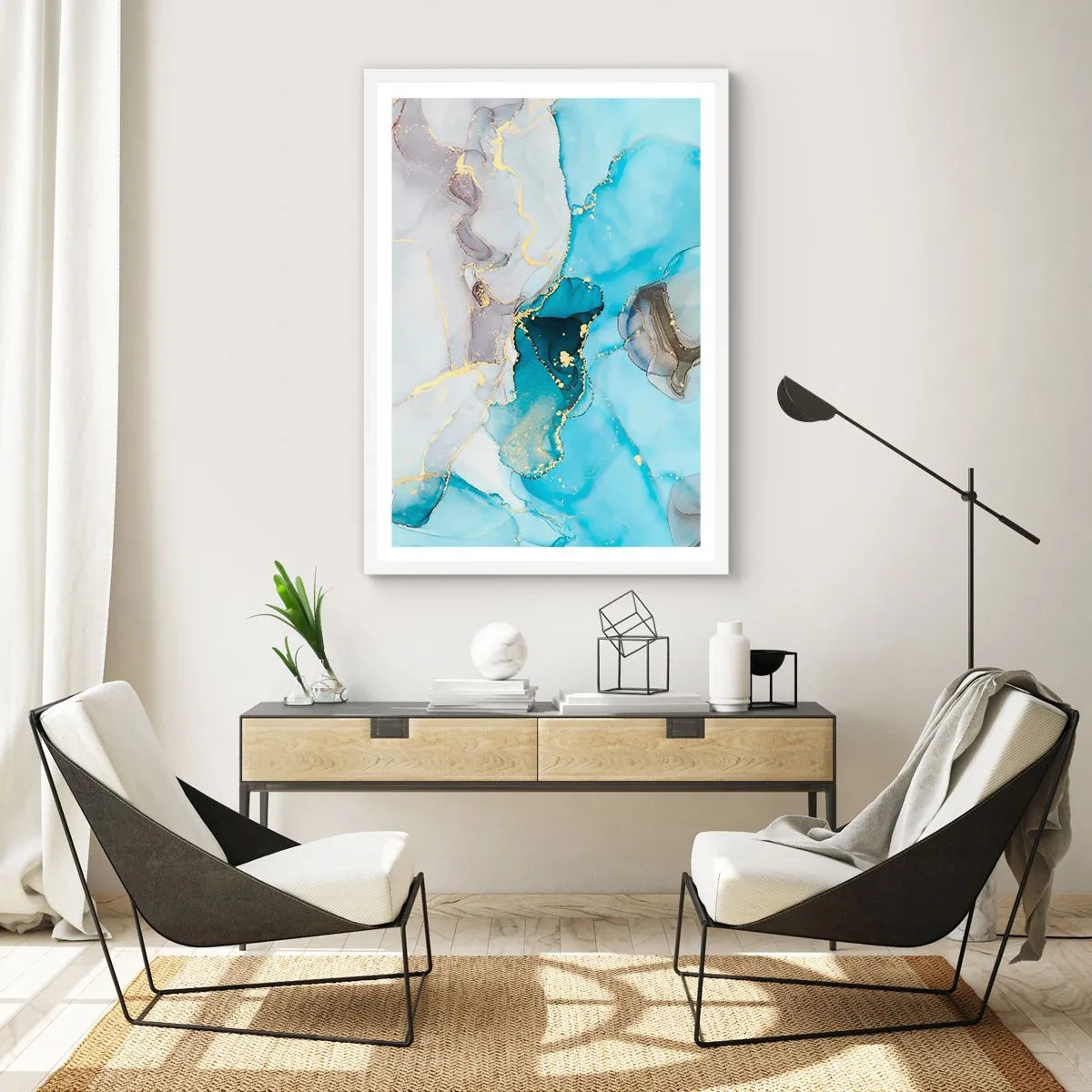 Pôster em moldura branca - Estudo do encontro do cinza e turquesa - 70x100 cm