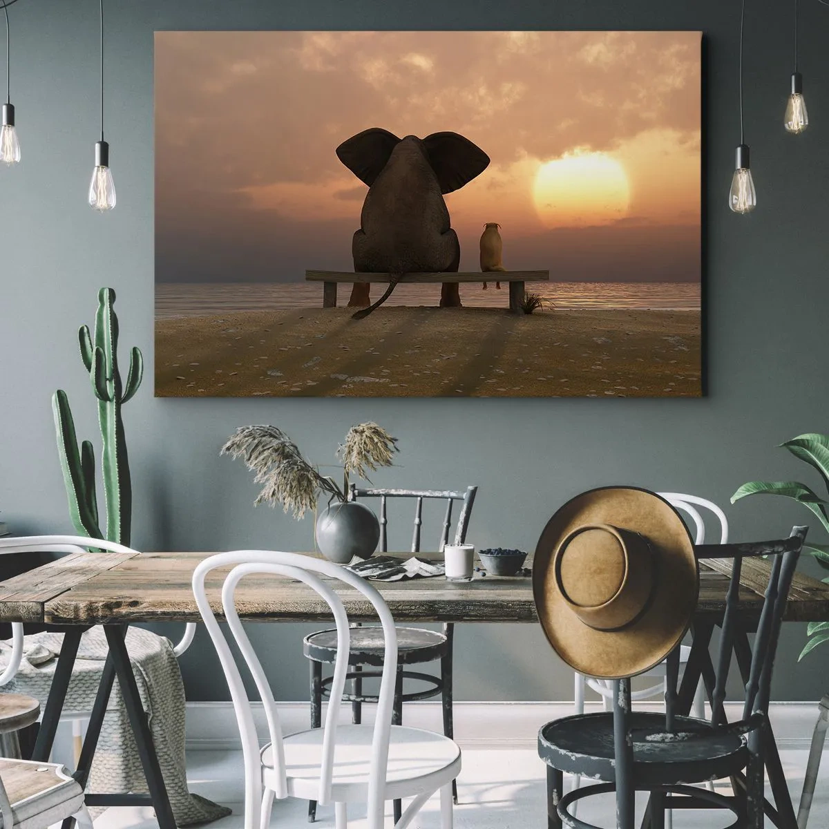 Quadro em tela - Um elefante e um cachorro estão sentados em um banco na praia durante o pôr do sol. - 70x50cm - Como é bom ficarmos em silêncio juntos - Decoração de parede moderna para a sala de estar e quarto ARTTOR