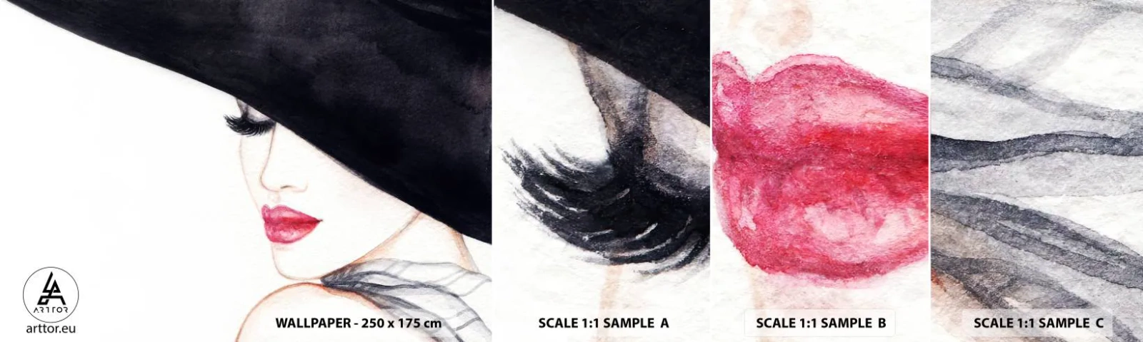 Amostra de Papel de Parede Standard Eco - Elegância e sensualidade - Mulher, lábios vermelhos, Chapéu preto - 100x30 cm