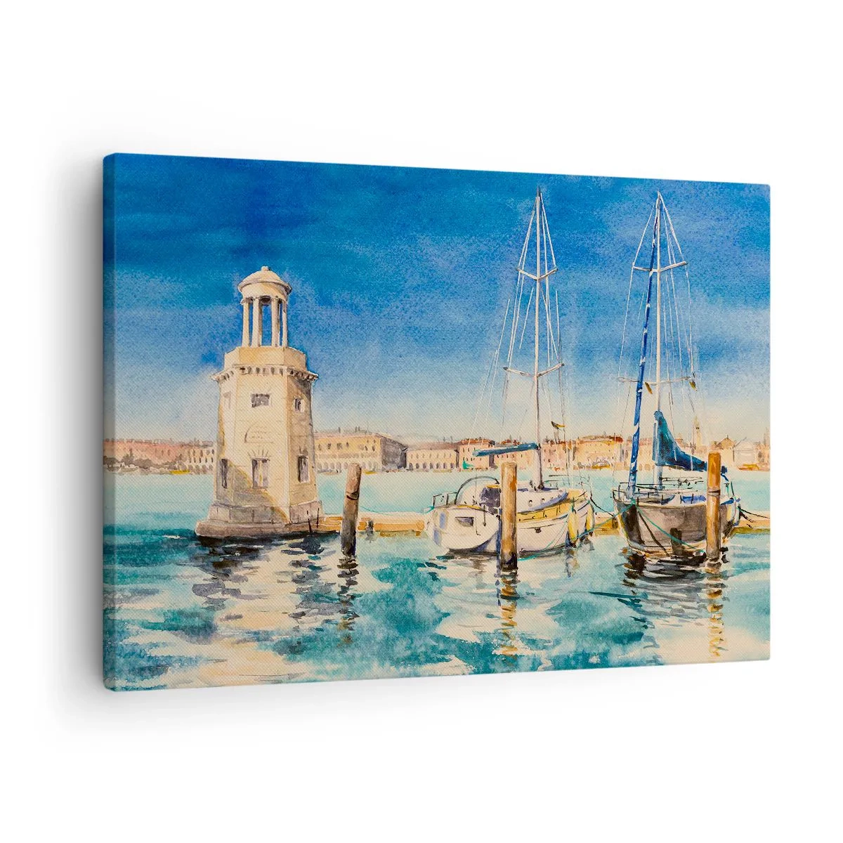 Quadro em tela - Marina com barcos tendo como pano de fundo uma lagoa azul - 70x50cm - Lagoa ensolarada - Decoração de parede moderna para a sala de estar e quarto ARTTOR