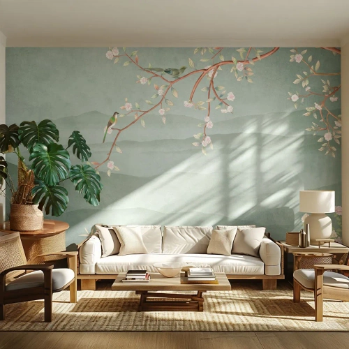 Papel de Parede Standard Eco - Primavera, oh, és tu - Pastel, Pássaros, Flores - 500x350 cm