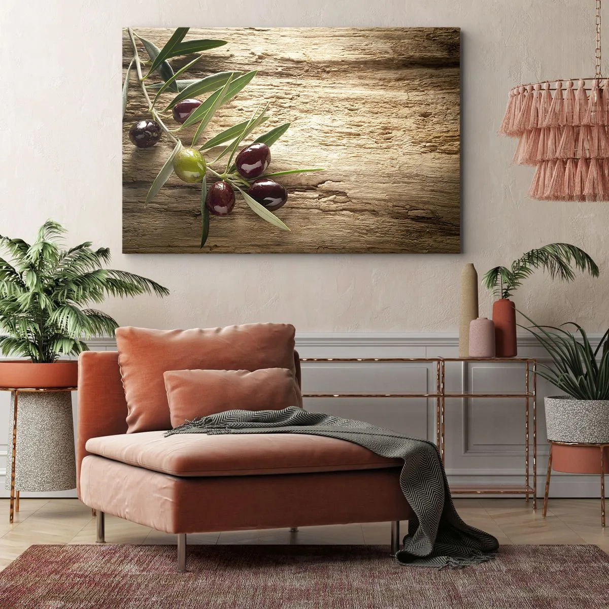Quadro em tela - Ramo de oliveira com frutos sobre fundo de madeira envelhecida - 70x50cm - Direto da natureza - Decoração de parede moderna para a sala de estar e quarto ARTTOR