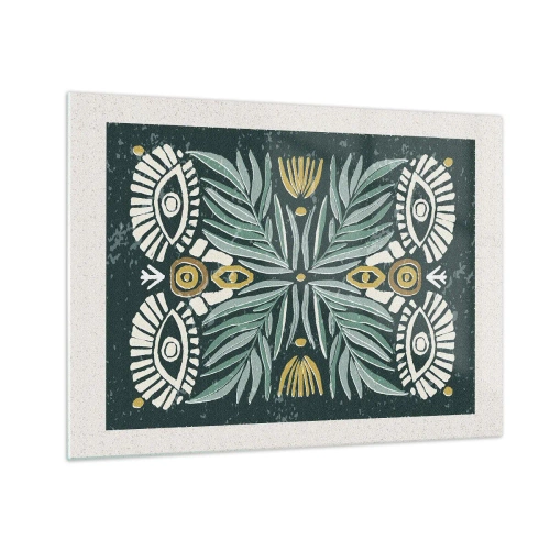 Quadro em vidro - Uma composição simétrica de folhas e padrões em estilo folclórico - 70x50cm - Como um recorte folclórico - Decoração de parede moderna para a sala de estar e quarto ARTTOR