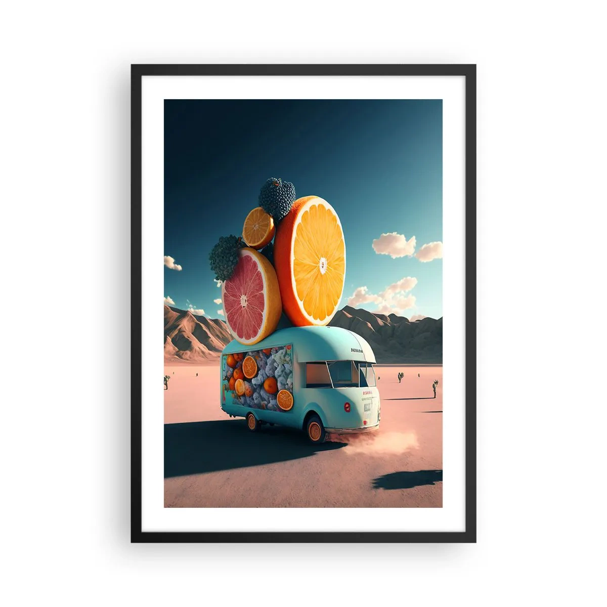 Pôster com moldura preta - Caminhão de frutas chique no deserto - 50x70cm - O sabor das férias - Decoração de parede moderna para a sala de estar e quarto ARTTOR