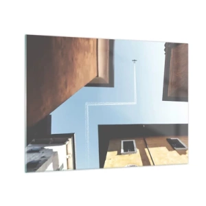 Quadro em vidro - Um avião sobre a cidade visto de um pátio entre casas de cortiços - 70x50cm - Acima do labirinto da cidade - Decoração de parede moderna para a sala de estar e quarto ARTTOR