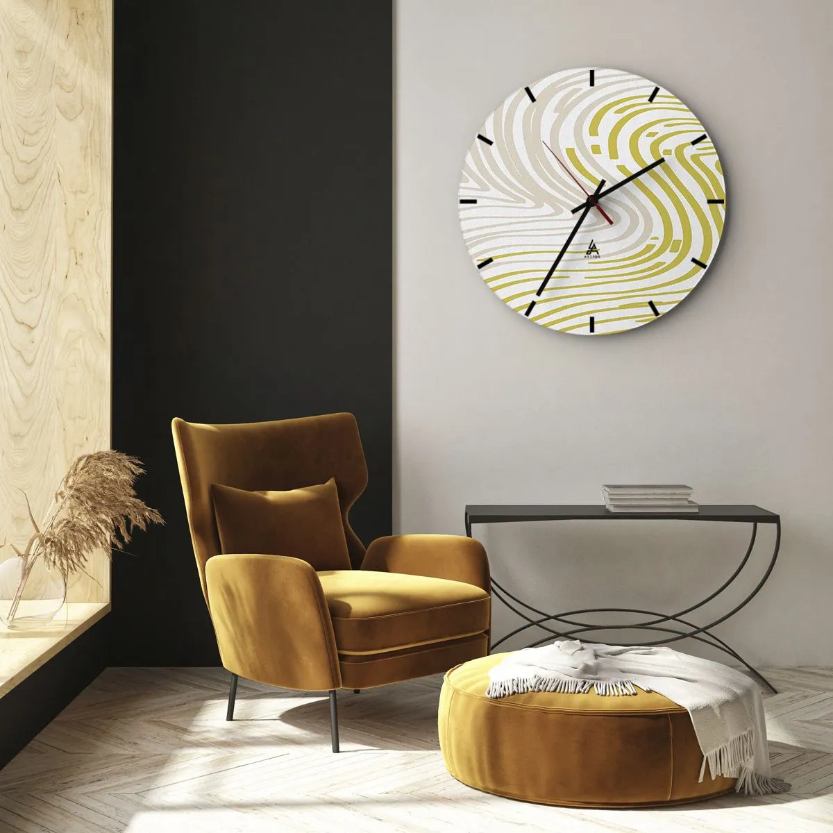 Relógio de parede - Relógio em vidro - Linhas abstratas em bege e amarelo criam um padrão espiralado. - 30x30cm - Uma composição com uma curvatura suave - Decoração de parede moderna para a sala de estar, cozinha e quarto ARTTOR