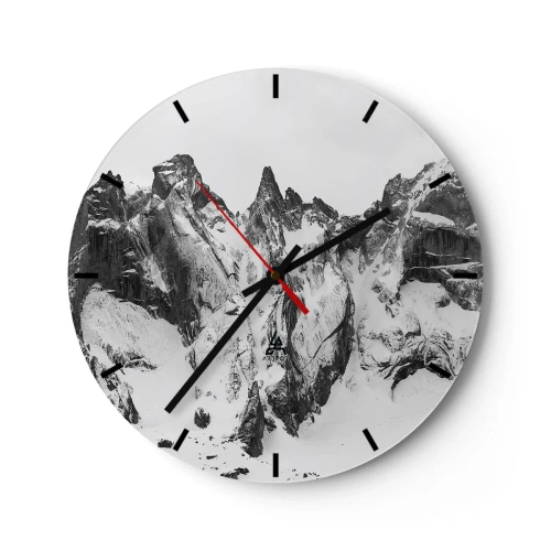 Relógio de parede - Relógio em vidro - Picos de montanhas cobertos de neve em preto e branco - 30x30cm - O assustador cume de granito - Decoração de parede moderna para a sala de estar, cozinha e quarto ARTTOR