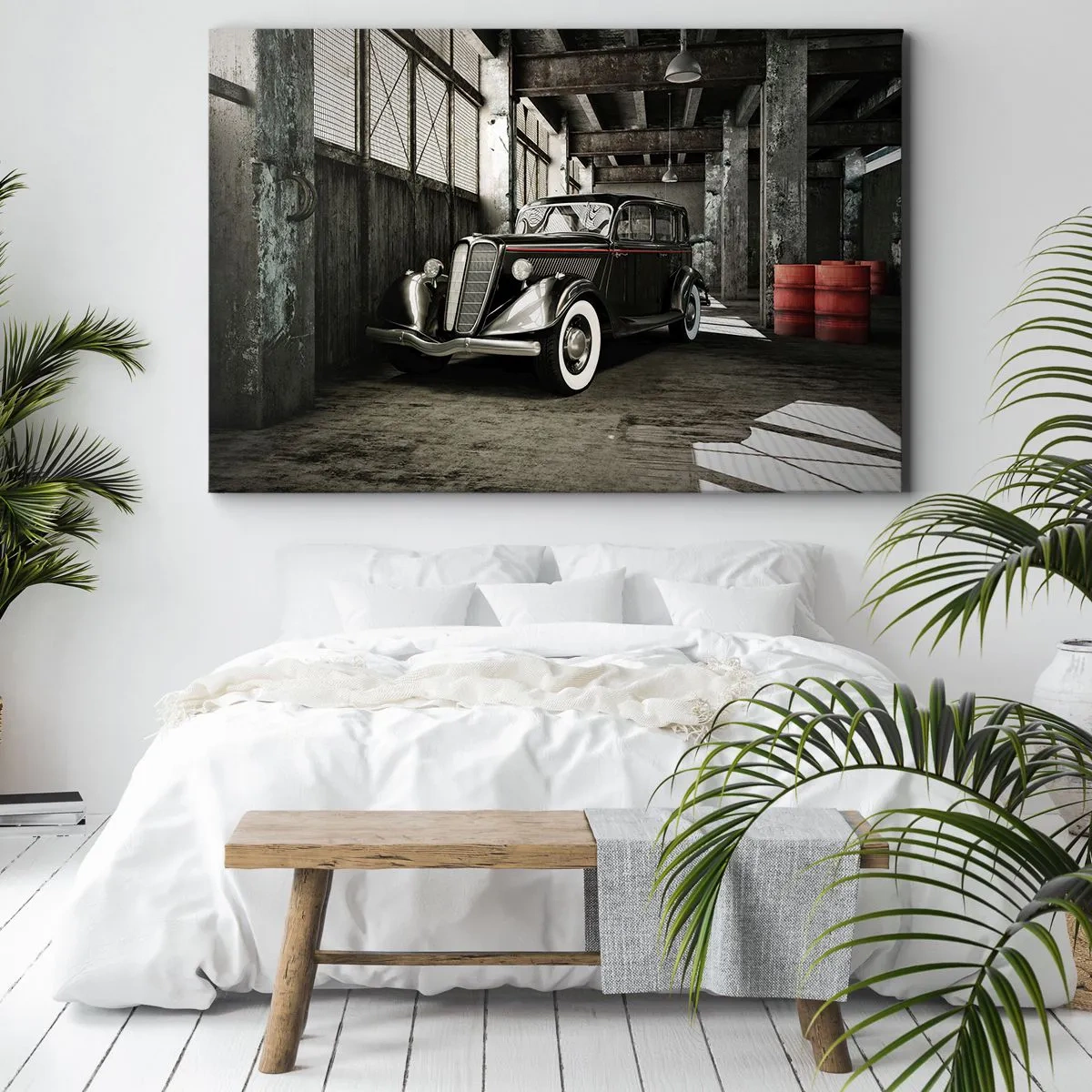 Quadro em tela - Carro retrô estiloso em um armazém bruto - 70x50cm - A elegância duradoura dos anos 30. - Decoração de parede moderna para a sala de estar e quarto ARTTOR