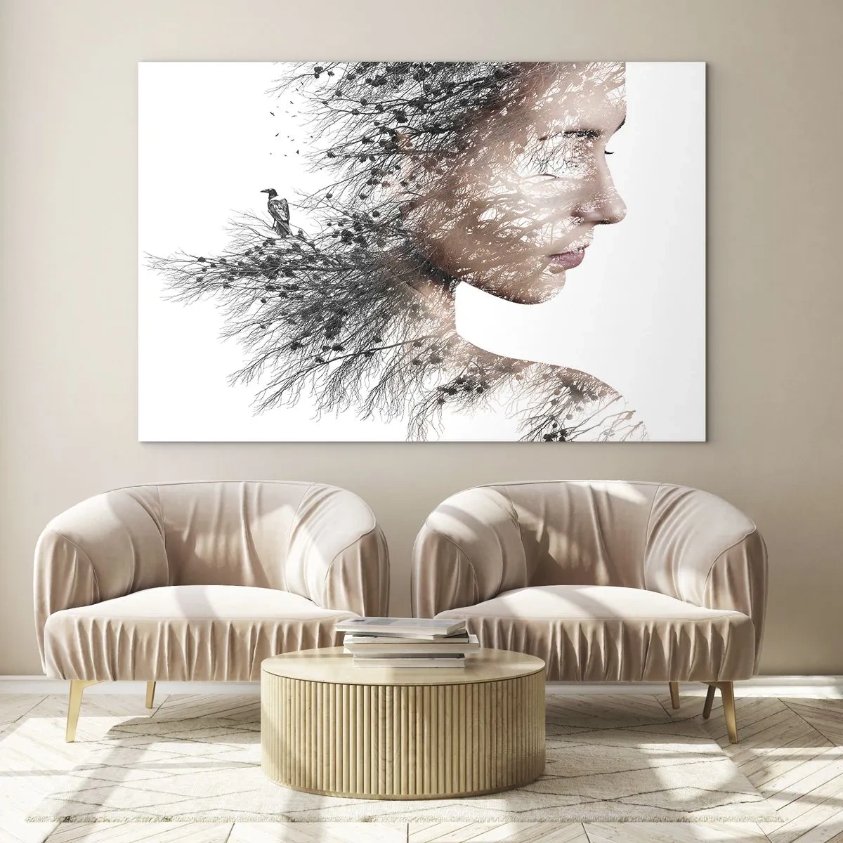 Quadro em vidro - Retrato de uma mulher com galhos ao fundo - 70x50cm - Espírito da floresta - Decoração de parede moderna para a sala de estar e quarto ARTTOR