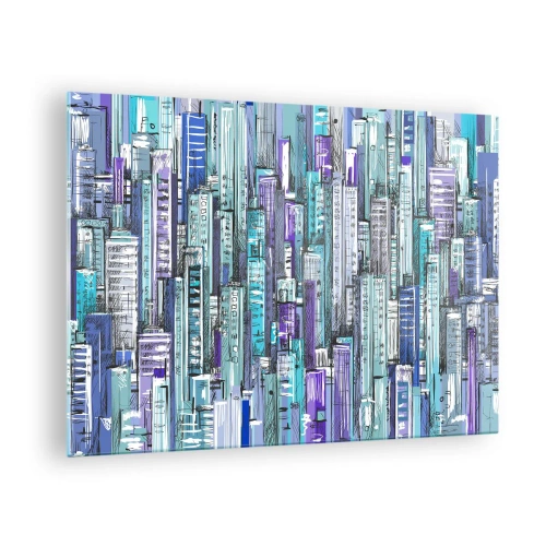 Quadro em vidro - Ilustração de uma cidade cheia de arranha-céus em tons frios - 70x50cm - Azul do céu - Decoração de parede moderna para a sala de estar e quarto ARTTOR