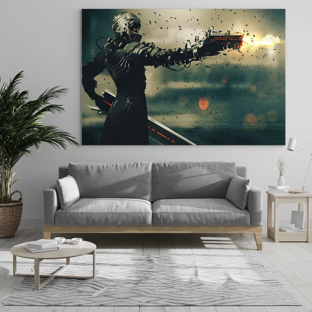 Quadro em vidro - Um guerreiro cibernético de estilo futurista com armas de energia - 70x50cm - Arma letal - seu próprio Exterminador do Futuro - Decoração de parede moderna para a sala de estar e quarto ARTTOR