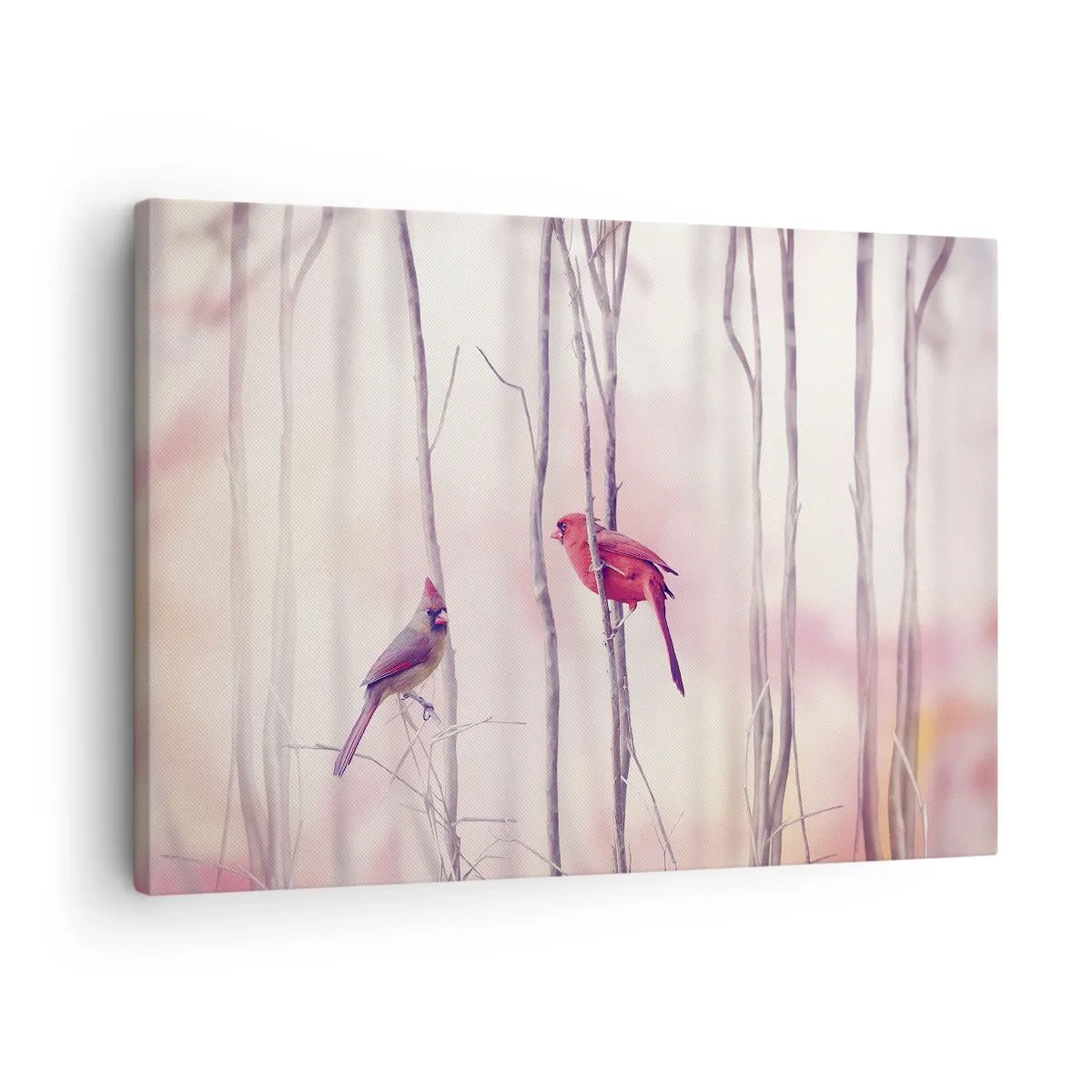 Quadro em tela - Um par de cardeais empoleirados em galhos em uma paisagem pastel - 70x50cm - O Conto da floresta rosa - Decoração de parede moderna para a sala de estar e quarto ARTTOR