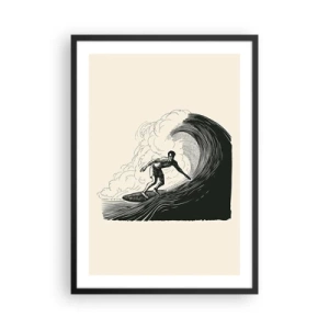 Pôster com moldura preta - Surfista retrô em composição gráfica de onda, preto e creme - 50x70cm - Rei da onda - Decoração de parede moderna para a sala de estar e quarto ARTTOR