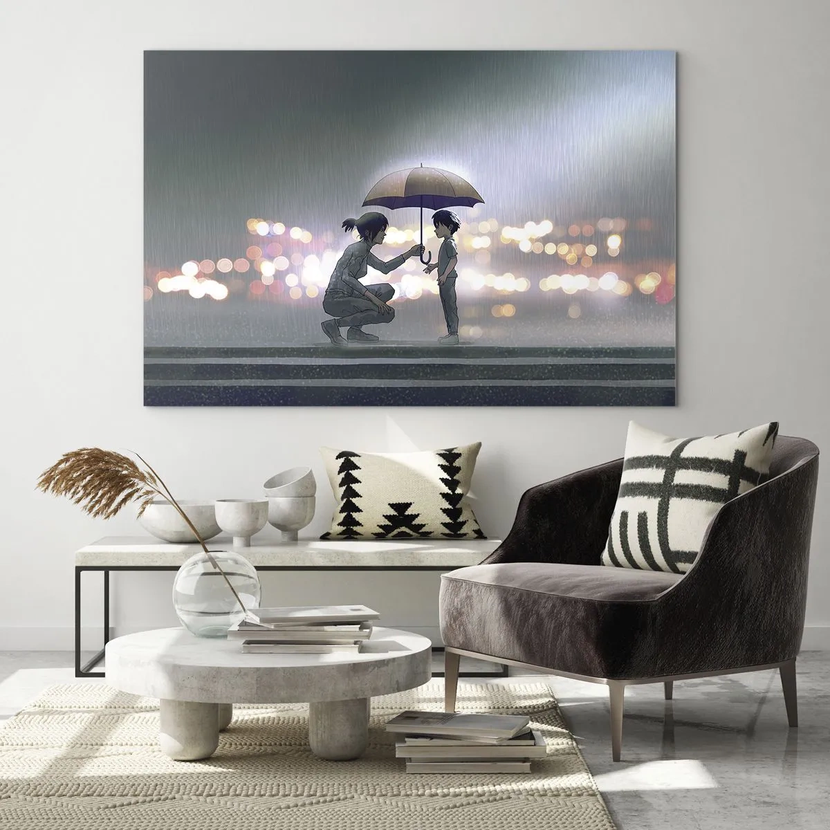 Quadro em vidro - Figuras na chuva com guarda-chuvas contra o fundo de luzes noturnas - 70x50cm - Está tudo bem agora - Decoração de parede moderna para a sala de estar e quarto ARTTOR
