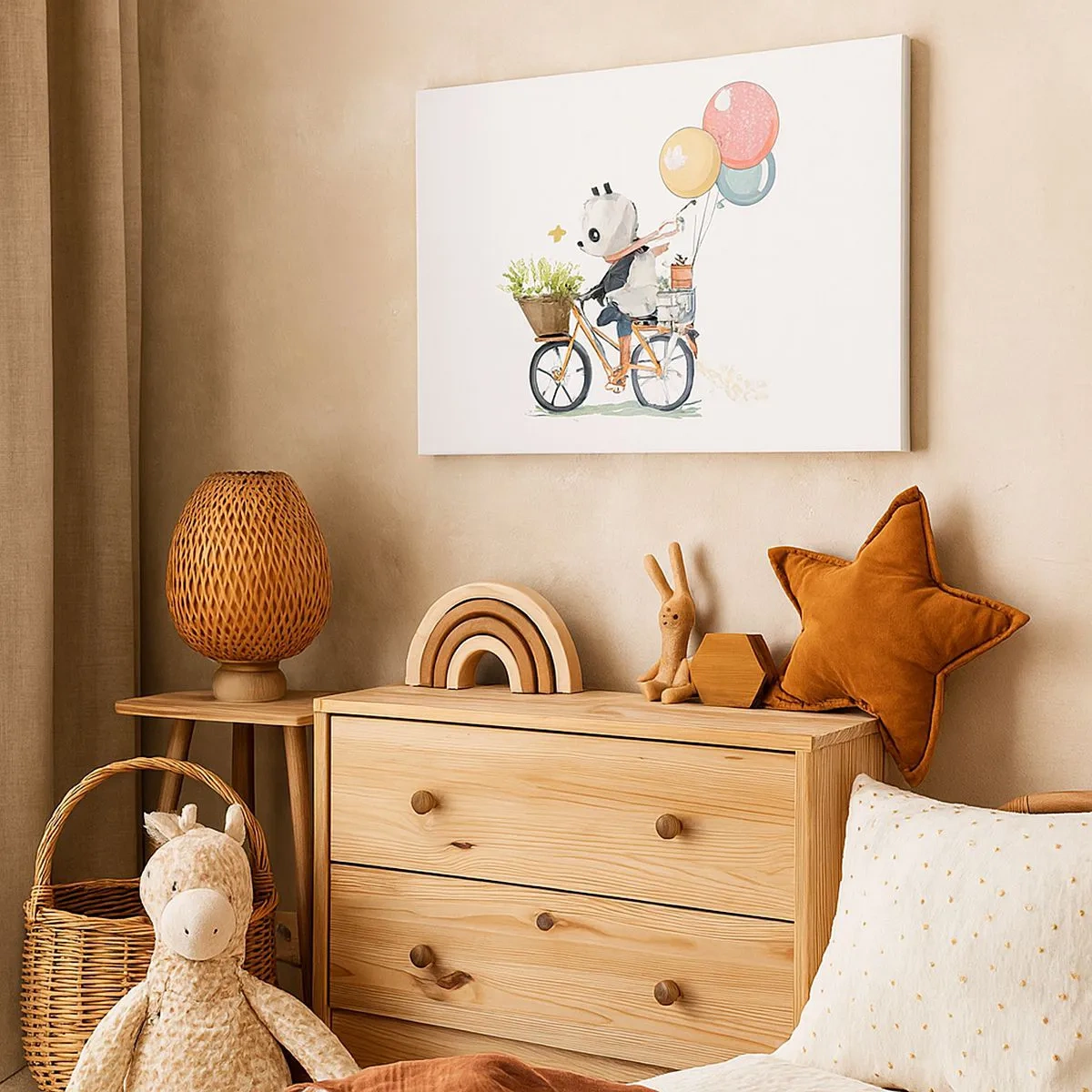Quadro em tela - Panda em uma bicicleta com balões e flores - 70x50cm - Dia feliz  - Decoração de parede moderna para a sala de estar e quarto ARTTOR
