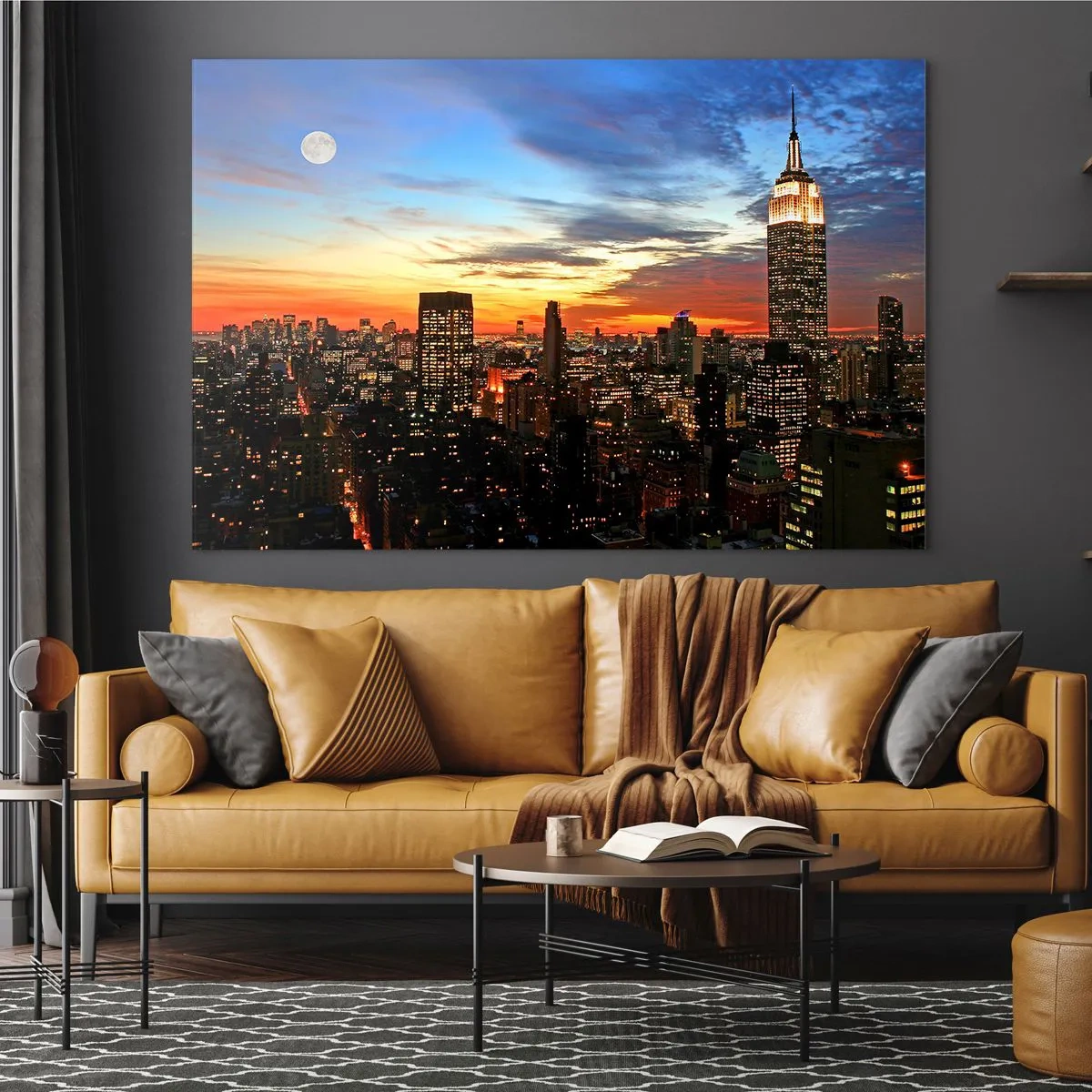 Quadro em vidro - Panorama noturno da cidade com edifícios iluminados - 70x50cm - Noite Brilhante Americana - Decoração de parede moderna para a sala de estar e quarto ARTTOR
