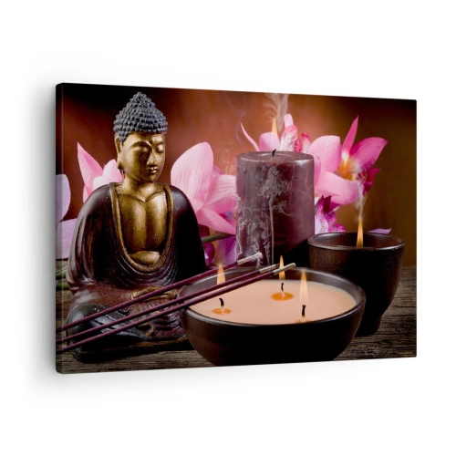 Quadro em tela - Estatueta de Buda com velas acesas e incensos - 70x50cm - Limpar a mente, acalmar o corpo - Decoração de parede moderna para a sala de estar e quarto ARTTOR