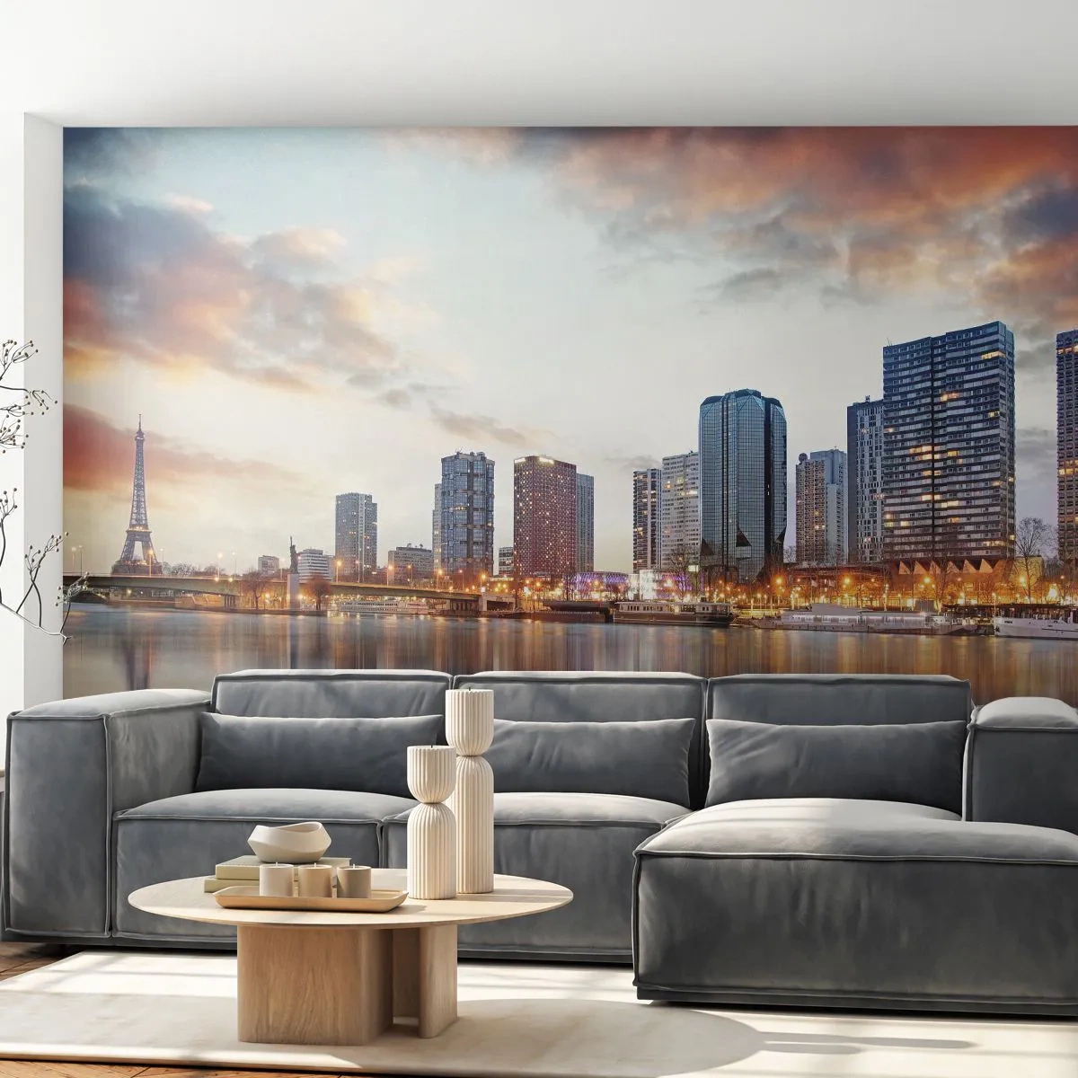 Papel de Parede Standard Eco - Panorama moderno de Paris com a Torre Eiffel ao pôr do sol - 100x70cm - A tranquilidade monumental de Paris - Decoração de parede moderna para a sala de estar e quarto ARTTOR