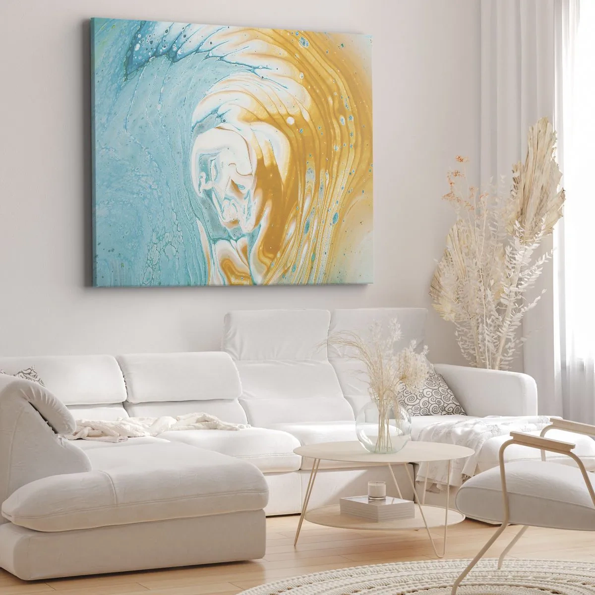 Quadro em tela - Ondas abstratas em tons de azul e dourado sobre tela - 70x50cm - Vórtice em pastel - Decoração de parede moderna para a sala de estar e quarto ARTTOR