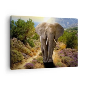 Quadro em tela - Um elefante africano em uma paisagem de savana e montanha - 70x50cm - Assim era o Éden - Decoração de parede moderna para a sala de estar e quarto ARTTOR