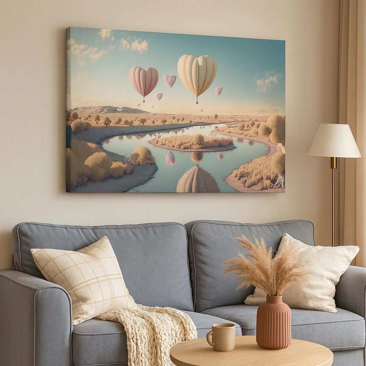 Quadro em tela - Balões em forma de coração flutuando sobre a paisagem - 70x50cm - O amor permite se reerguer - Decoração de parede moderna para a sala de estar e quarto ARTTOR