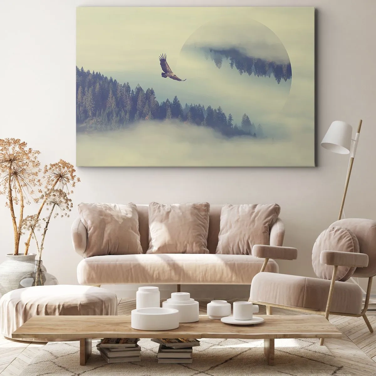 Quadro em tela - Uma águia em voo contra um cenário de montanhas enevoadas com um motivo circular artístico - 70x50cm - Eu vi a sombra de uma águia - Decoração de parede moderna para a sala de estar e quarto ARTTOR
