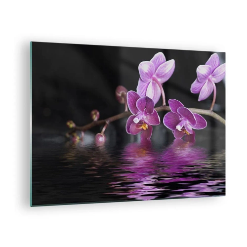 Quadro em vidro - Orquídeas roxas refletidas na água - 70x50cm - Reflexo lilás da beleza - Decoração de parede moderna para a sala de estar e quarto ARTTOR