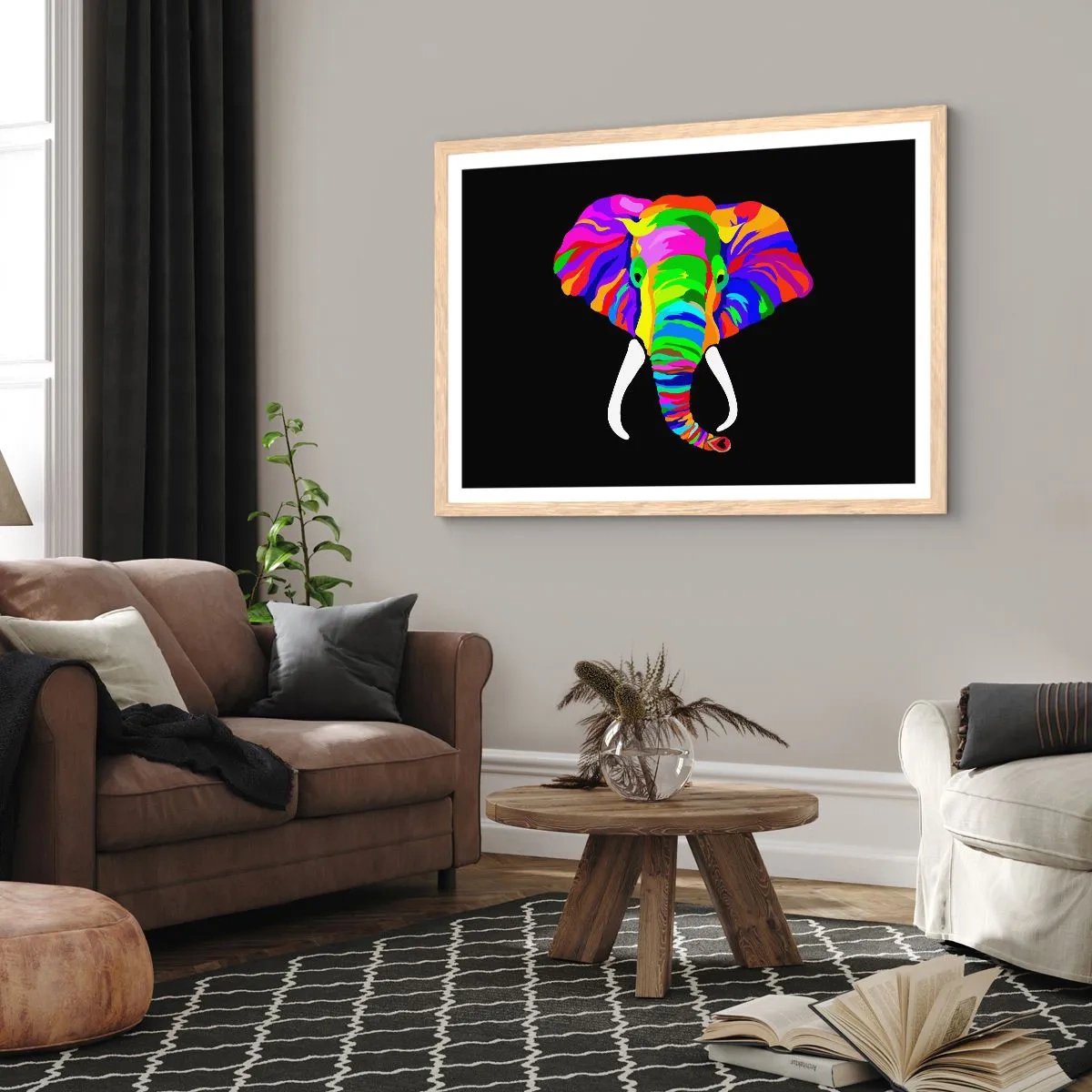 Pôster com moldura de carvalho claro - O elefante que adorava banhar-se no arco-íris - 50x40 cm