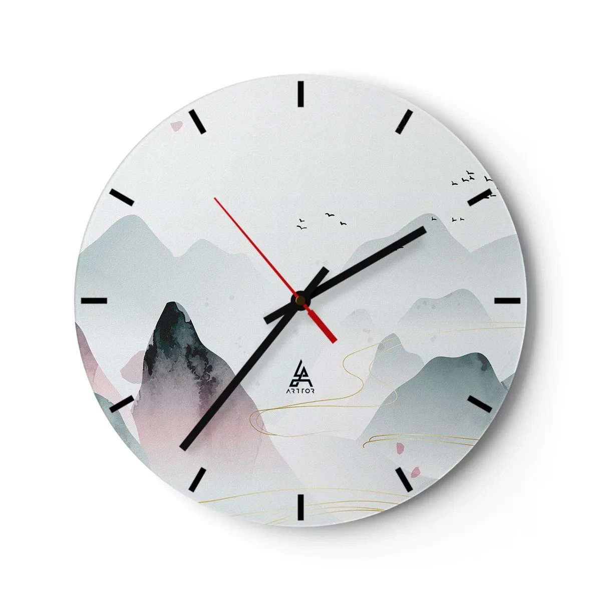 Relógio de parede - Relógio em vidro - Uma paisagem montanhosa minimalista em tons pastéis com pássaros voando. - 30x30cm - Acima dos picos - Decoração de parede moderna para a sala de estar, cozinha e quarto ARTTOR