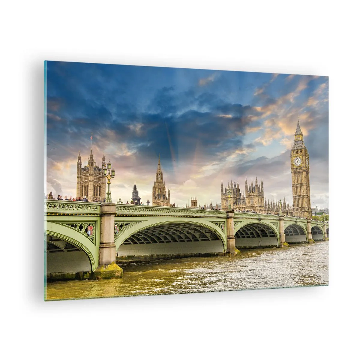 Quadro em vidro - Big Ben e Ponte de Westminster ao pôr do sol - 70x50cm - O tempo parou no Império - Decoração de parede moderna para a sala de estar e quarto ARTTOR