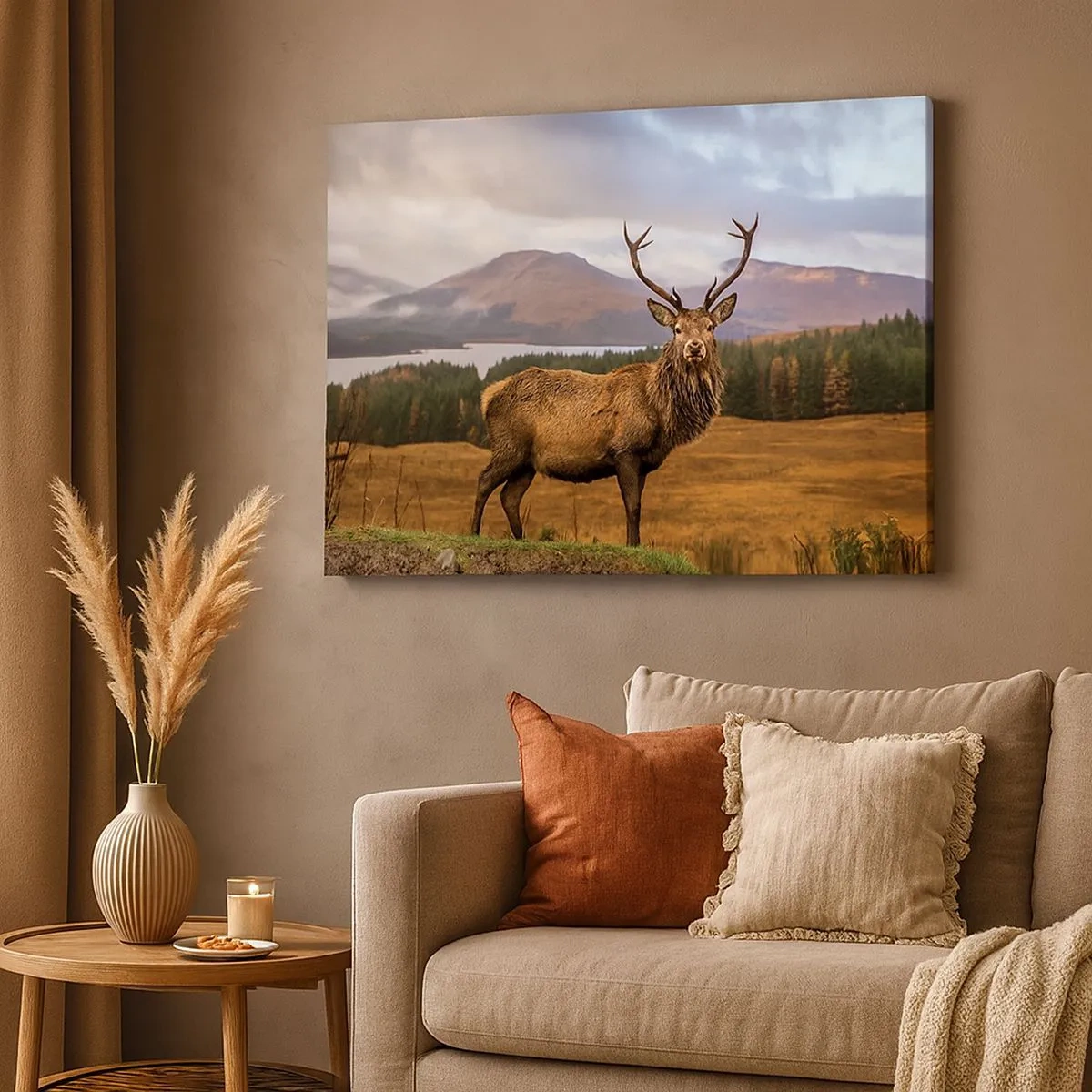 Quadro em tela - Um veado tendo como pano de fundo uma paisagem montanhosa com lagos e florestas - 70x50cm - A majestade da natureza - Decoração de parede moderna para a sala de estar e quarto ARTTOR