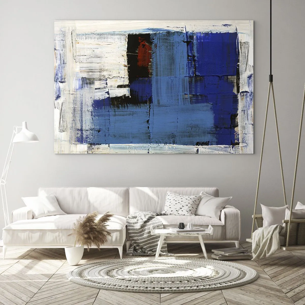 Quadro em vidro - Uma composição abstrata com cor azul dominante. - 70x50cm - O segredo do azul - Decoração de parede moderna para a sala de estar e quarto ARTTOR