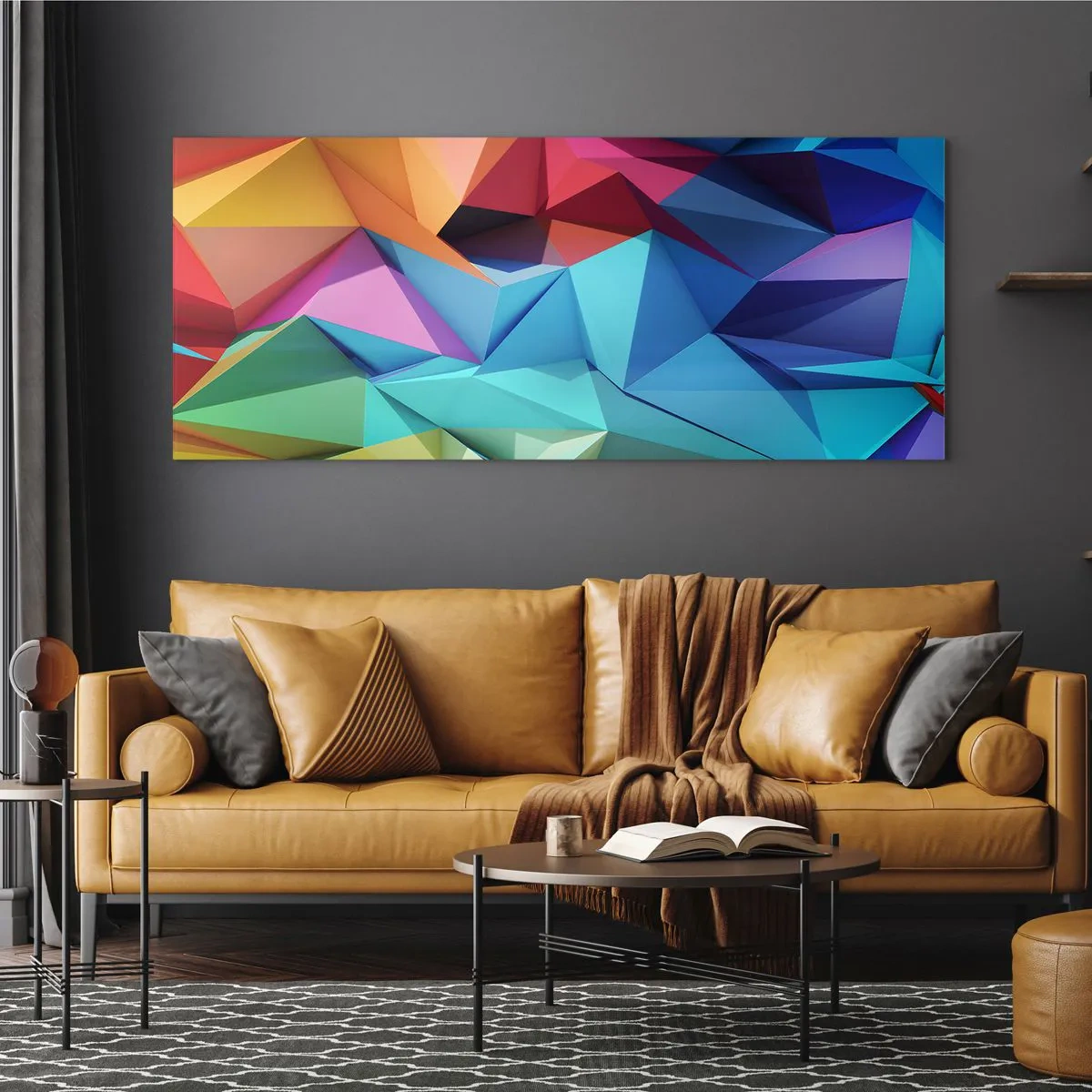 Quadro em vidro - Arco-íris de origami - 100x40 cm