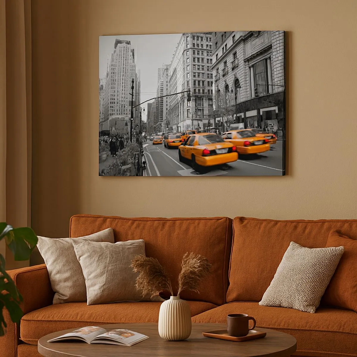 Quadro em tela - Táxis amarelos nas ruas de Nova York - 70x50cm - Sol da cidade grande - Decoração de parede moderna para a sala de estar e quarto ARTTOR