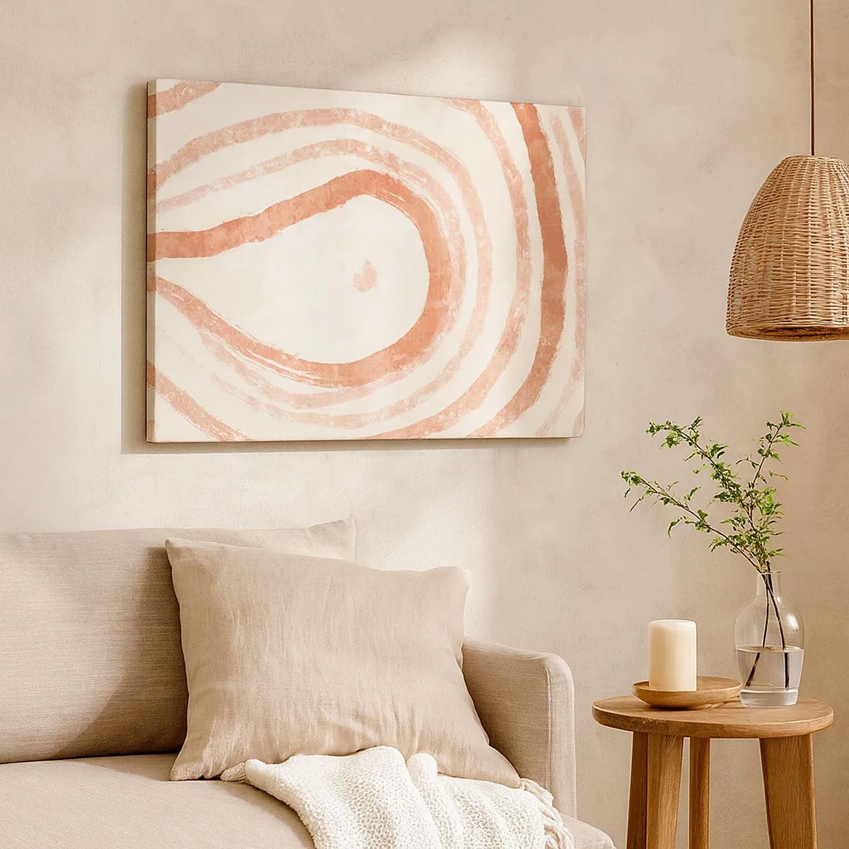 Quadro em tela - Um motivo abstrato de linhas concêntricas em tons de terracota. - 70x50cm - Círculos de coral – composição - Decoração de parede moderna para a sala de estar e quarto ARTTOR
