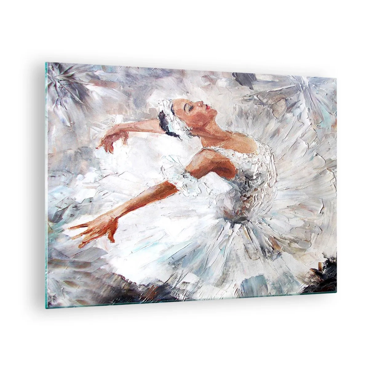 Quadro em vidro - Uma bailarina com roupa branca em pose dinâmica - 70x50cm - Delicado e leve como tule - Decoração de parede moderna para a sala de estar e quarto ARTTOR