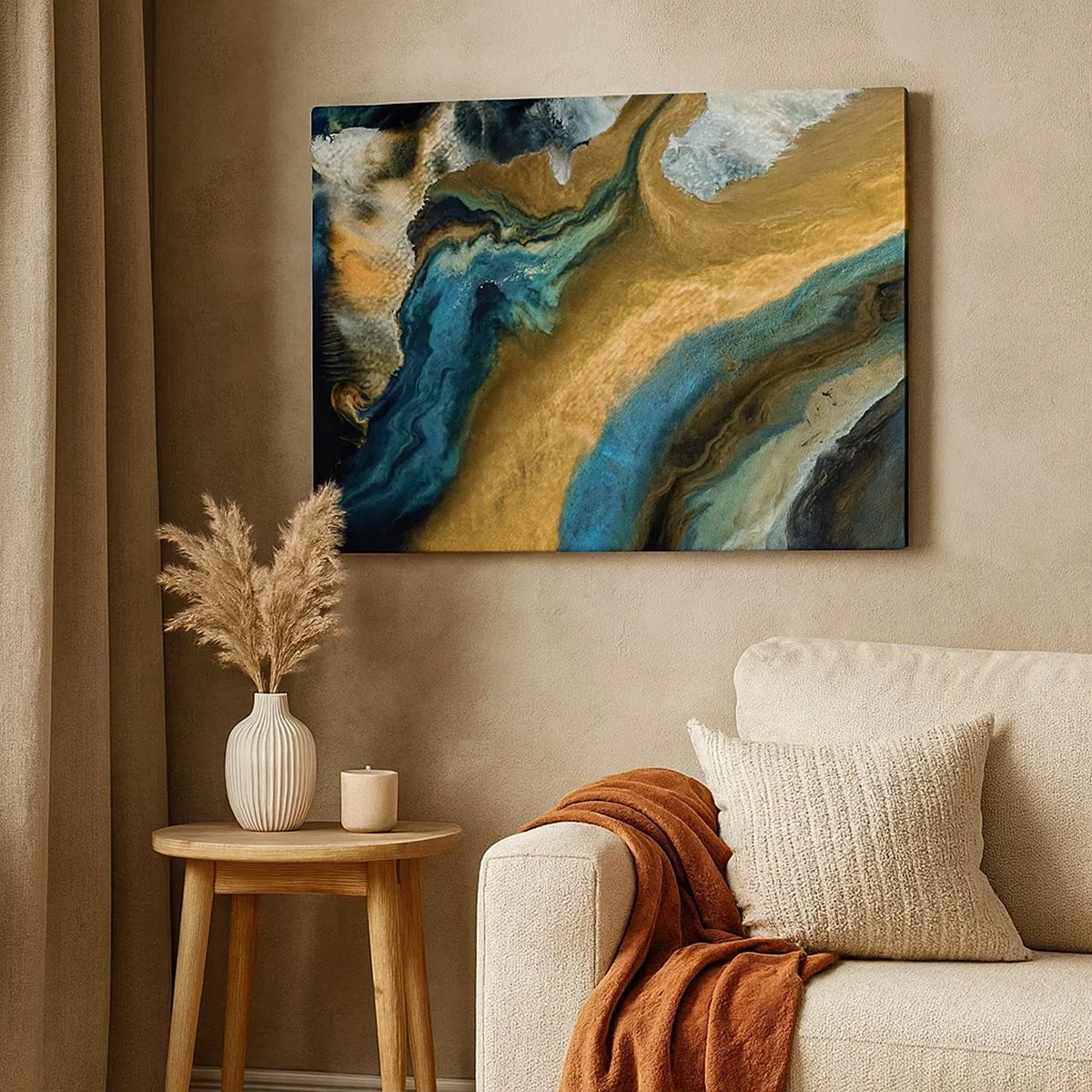 Quadro em tela - Ondas abstratas em tons de dourado e azul - 70x50cm - Azul – amarelo – influências mútuas - Decoração de parede moderna para a sala de estar e quarto ARTTOR