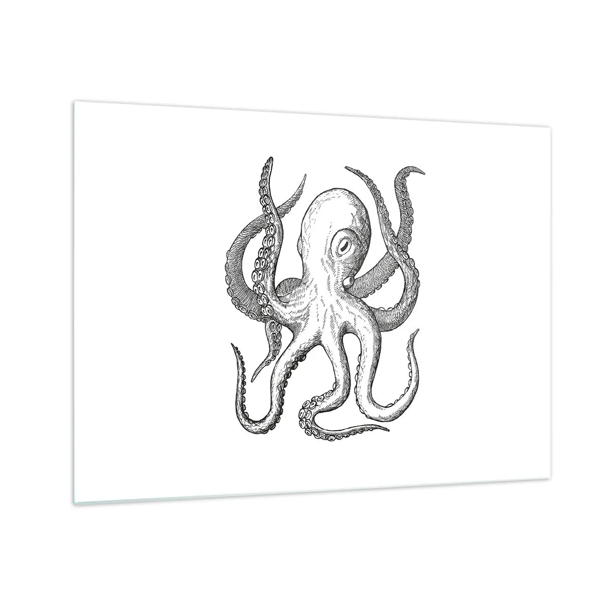 Quadro em vidro - Desenho em preto e branco de um polvo sobre fundo branco - 70x50cm - Dançando com as ondas - Decoração de parede moderna para a sala de estar e quarto ARTTOR