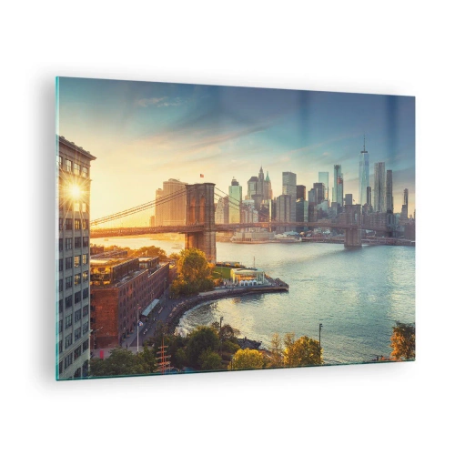 Quadro em vidro - Panorama da cidade de Nova York com a Ponte do Brooklyn - 70x50cm - O amanhecer da cidade grande - Decoração de parede moderna para a sala de estar e quarto ARTTOR