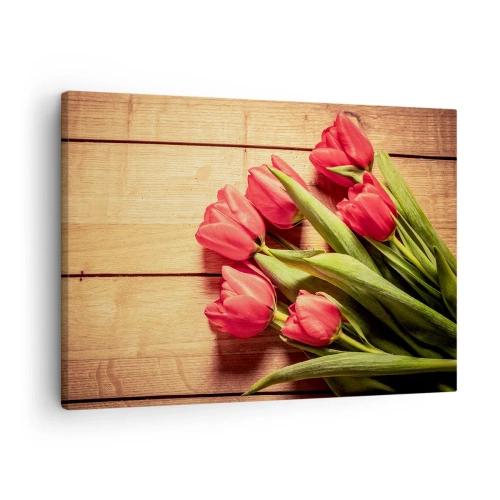 Quadro em tela - Um buquê de tulipas rosa em um fundo de madeira - 70x50cm - Declaração de primavera - Decoração de parede moderna para a sala de estar e quarto ARTTOR