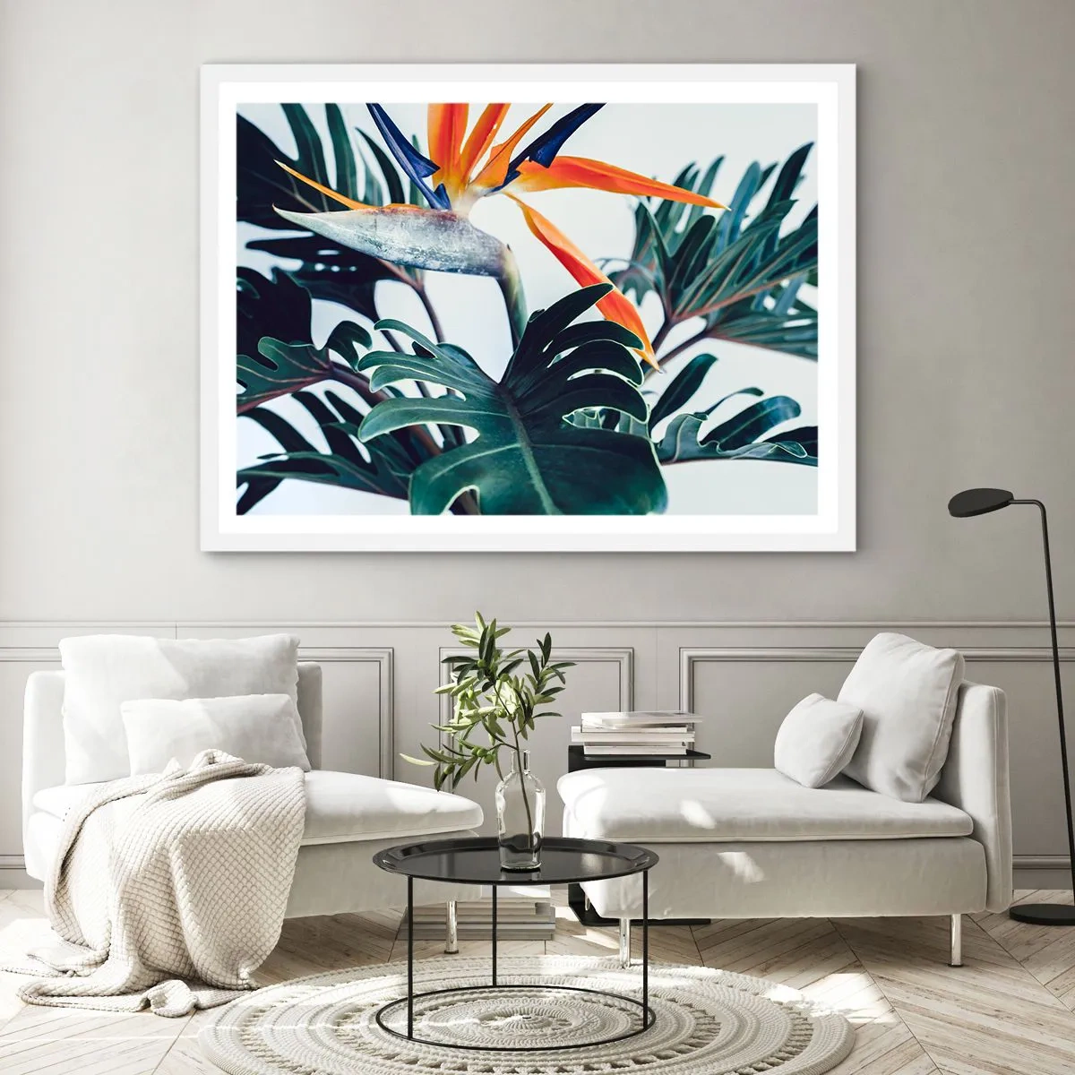 Pôster em moldura branca - Arbusto de passarinho - 100x70 cm