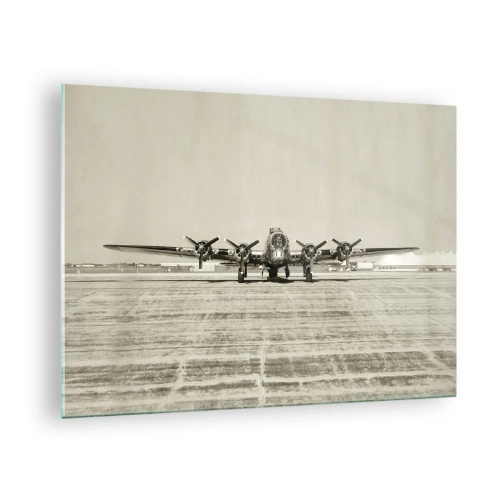 Quadro em vidro - Avião histórico no aeroporto em estilo sépia - 70x50cm - Pronto como sempre  - Decoração de parede moderna para a sala de estar e quarto ARTTOR