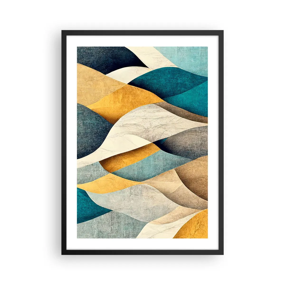 Pôster com moldura preta - Uma composição abstrata de formas onduladas em cores douradas e azuis. - 50x70cm - Ritmo e onda - Decoração de parede moderna para a sala de estar e quarto ARTTOR