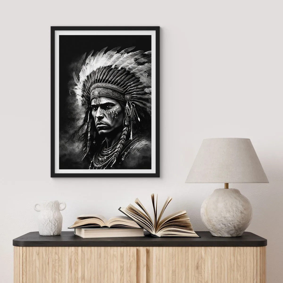 Pôster com moldura preta - Retrato de um guerreiro com um cocar de penas tradicional - 50x70cm - Um líder e um guerreiro - Decoração de parede moderna para a sala de estar e quarto ARTTOR