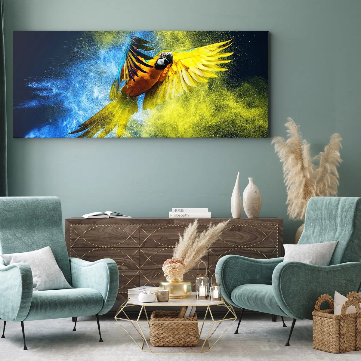 Quadro em tela - Em pó azul-dourado - 120x50 cm
