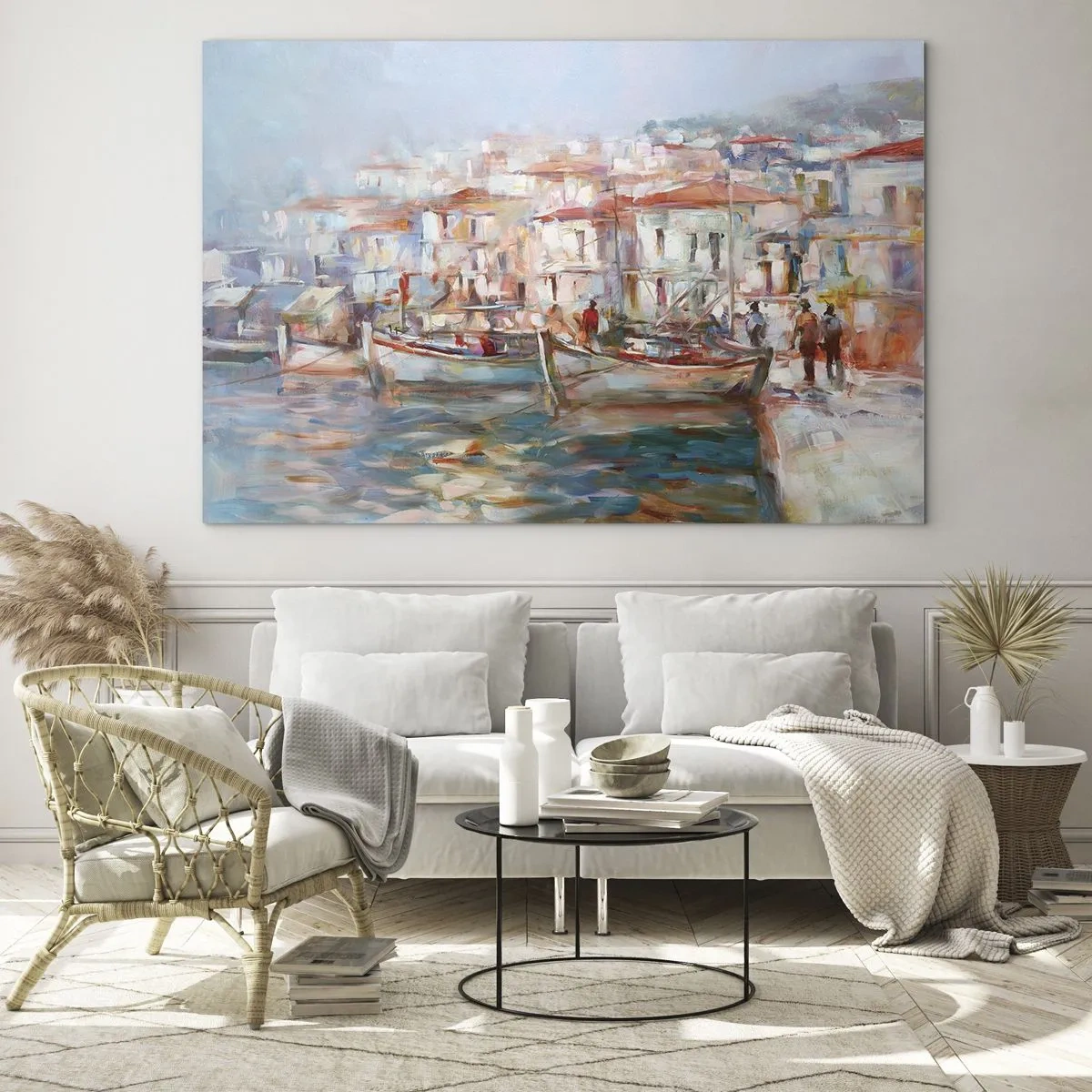 Quadro em vidro - Um porto pitoresco com barcos em tons pastel - 70x50cm - Férias em pastel - Decoração de parede moderna para a sala de estar e quarto ARTTOR