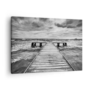 Quadro em tela - Uma vista em preto e branco de um cais de madeira sobre um mar tempestuoso. - 70x50cm - Estou à espera do vento, que vai dispersar... - Decoração de parede moderna para a sala de estar e quarto ARTTOR