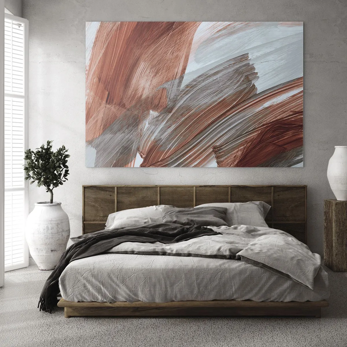 Quadro em vidro - Pinceladas dinâmicas em cores quentes de outono e azuis frios. - 70x50cm - Abstração de outono e vento - Decoração de parede moderna para a sala de estar e quarto ARTTOR