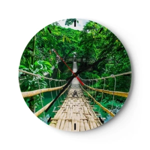 Relógio de parede - Relógio em vidro - Uma ponte de corda de bambu em meio à vegetação tropical sobre um rio - 30x30cm - Ponte de macacos sobre a vegetação - Decoração de parede moderna para a sala de estar, cozinha e quarto ARTTOR