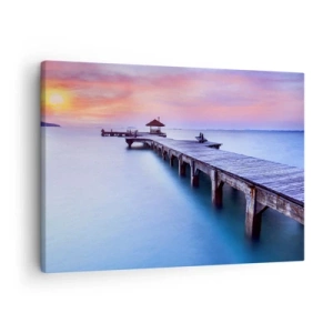 Quadro em tela - Píer de madeira que leva à água durante o pôr do sol - 70x50cm - Um mar de paz no horizonte - Decoração de parede moderna para a sala de estar e quarto ARTTOR